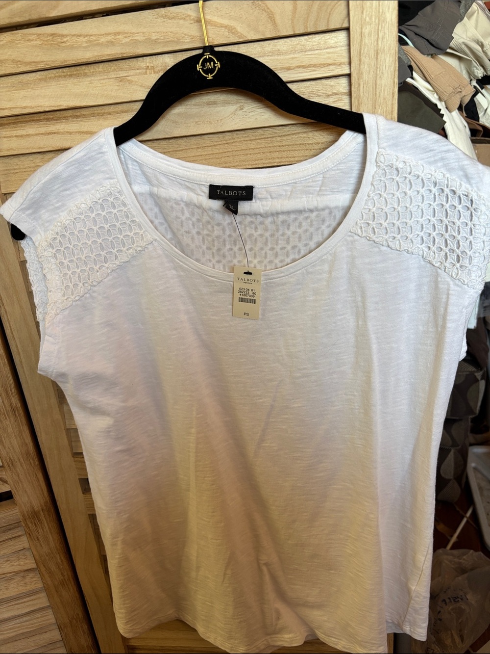 Talbots White Crochet-Shoulder Short Sleeve Tee Petite Small NWT